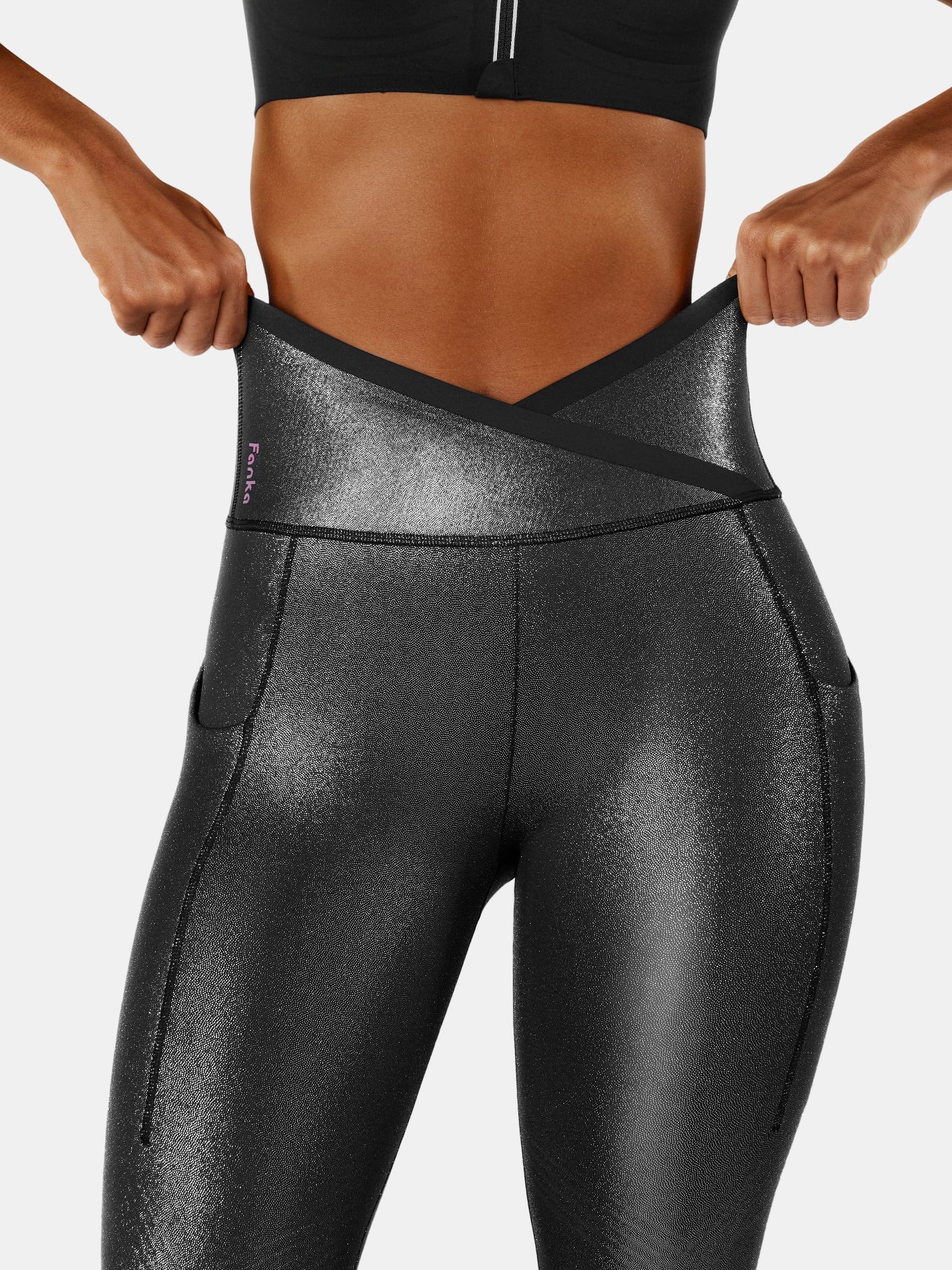 Body Sculpt Faux Leather Side Pocket Leggings Black Glitter