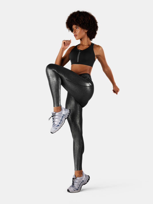 Body Sculpt Faux Leather Side Pocket Leggings Black Glitter